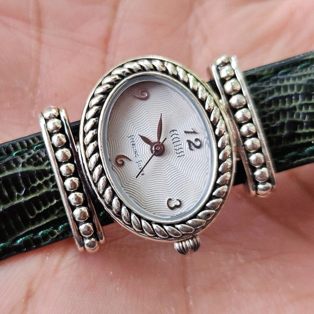 Ecclissi Sterling Silver Ladies Wristwatch Green Tone Genuine Leather Strap Watc
